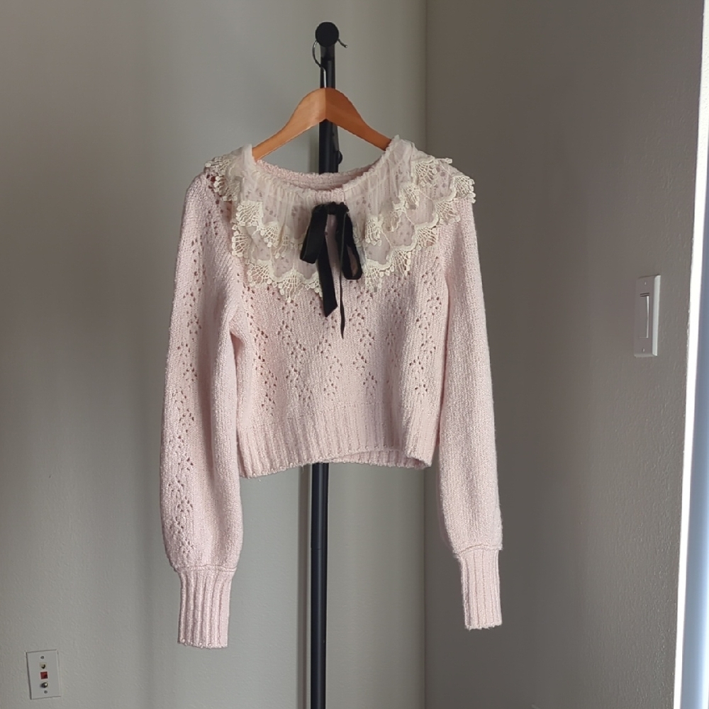 Free People Pink Lace Sweater with Bow